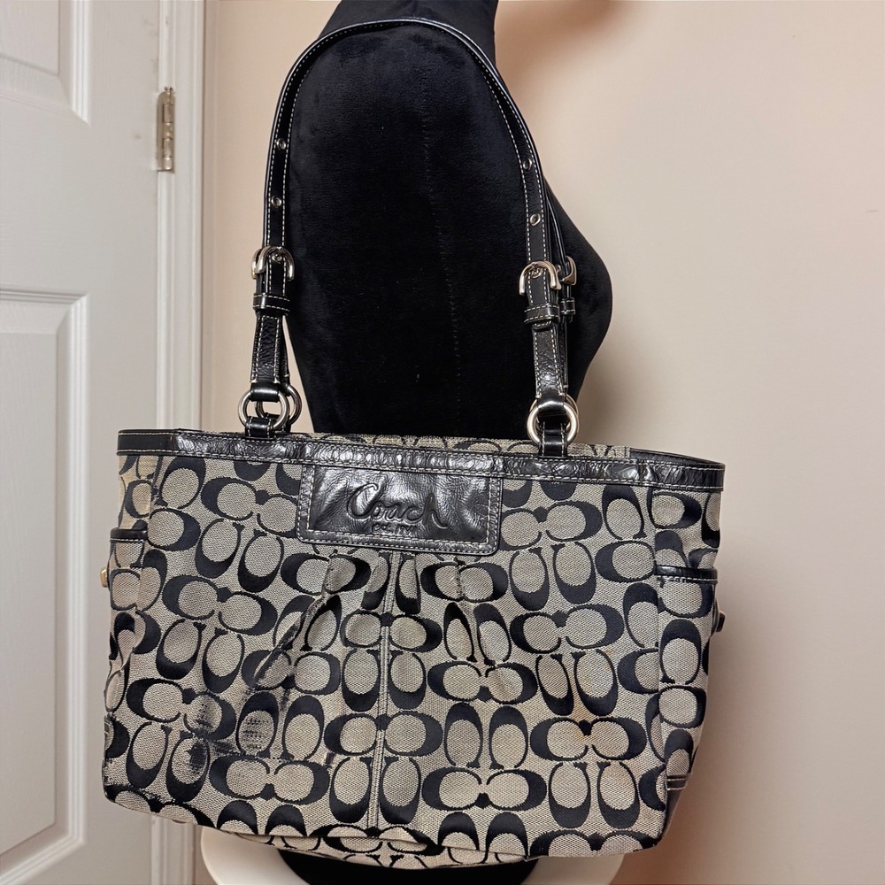 VTG Coach Bag Tote Black Pleated E/W Gallery Tote 14281 Jacquard Monogram Y2K